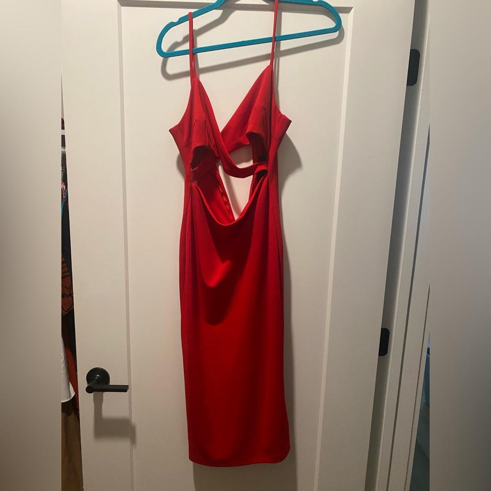 Lulus Cross Your Heart Red Surplice Cutout Bodycon Midi Dress - Size S - Picture 2 of 4